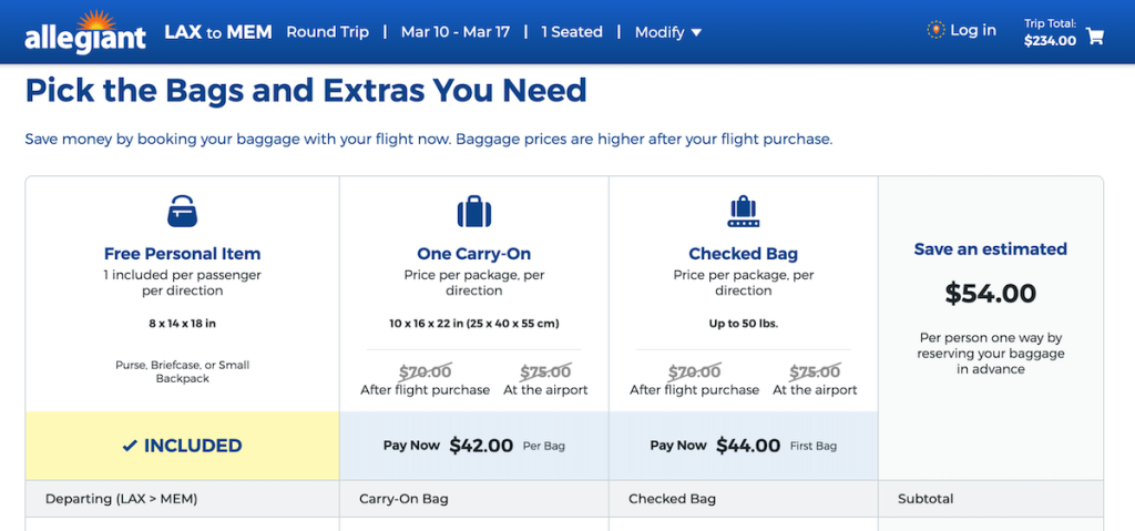 An example of Allegiant Air carry-on fees