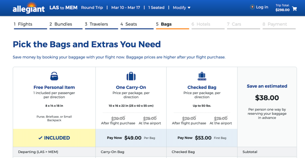 An example of Allegiant Air carry-on fees