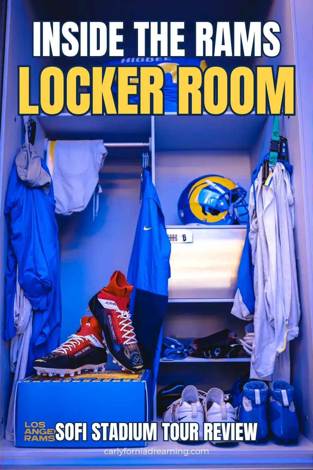 Pinterest pin showing inside the Rams locker room at SoFi Stadium with helmet, cleats, and text promoting a SoFi Stadium tour review.