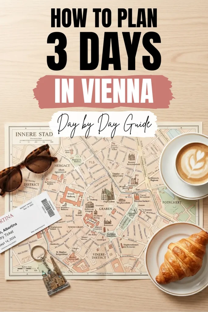Pinterest pin for a Vienna itinerary featuring a Vienna city map, coffee, croissant and travel planning flat lay with text that reads “How to Plan 3 Days in Vienna Day by Day Guide.”