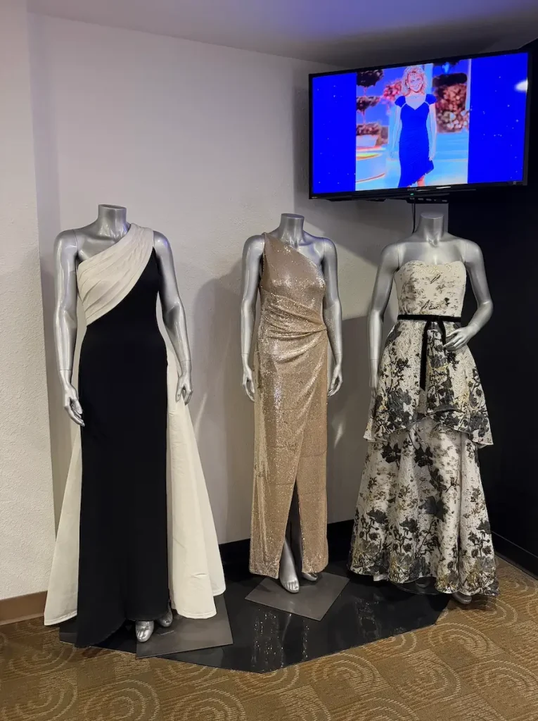 Vanna White's dresses on display at the Wheel of Fortune set.