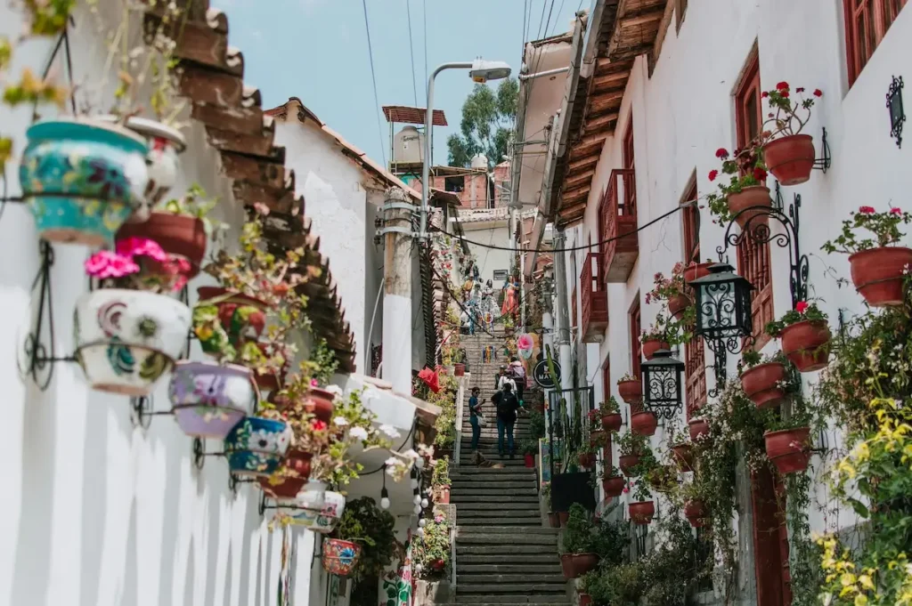 A photo of the pottery lined street of Calle Siete Borreguitos in Cusco Peru