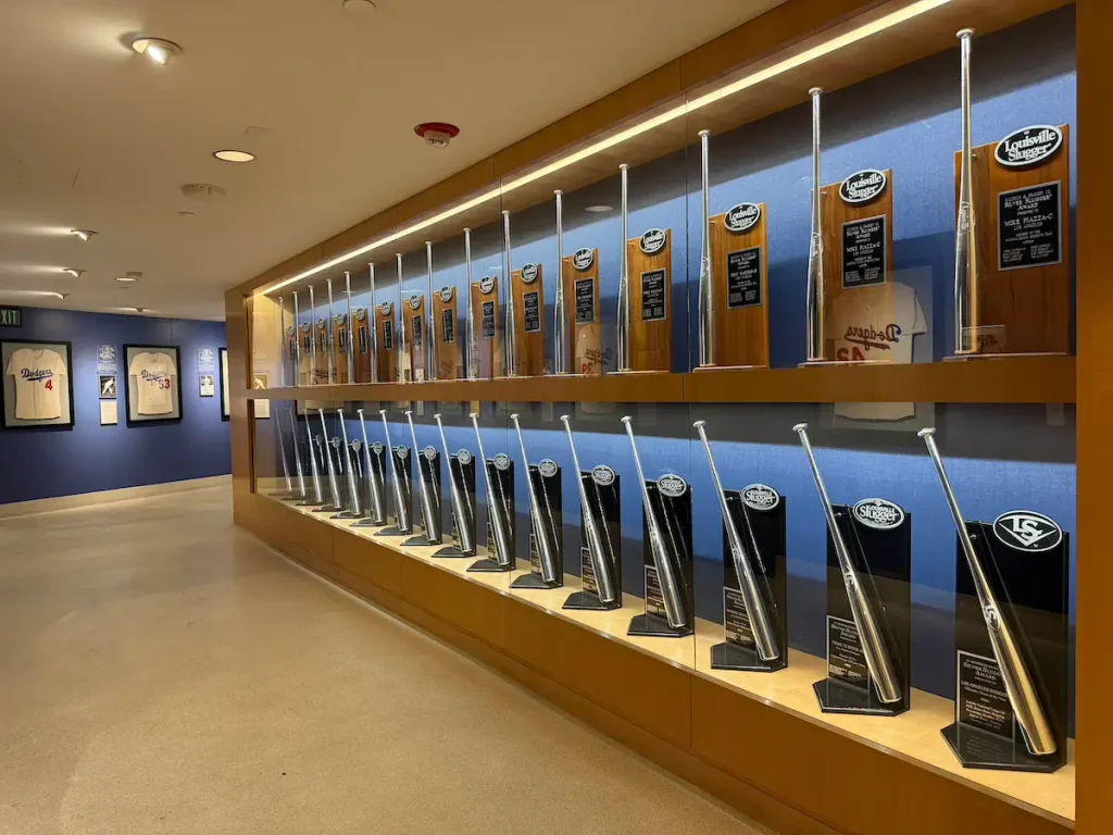 Silver Sluggers in the Dodger Stadium trophy room.
