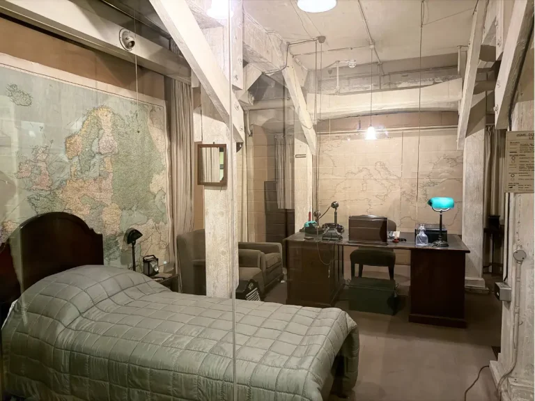 Winston Churchill’s bedroom inside the underground Churchill War Rooms bunker in London