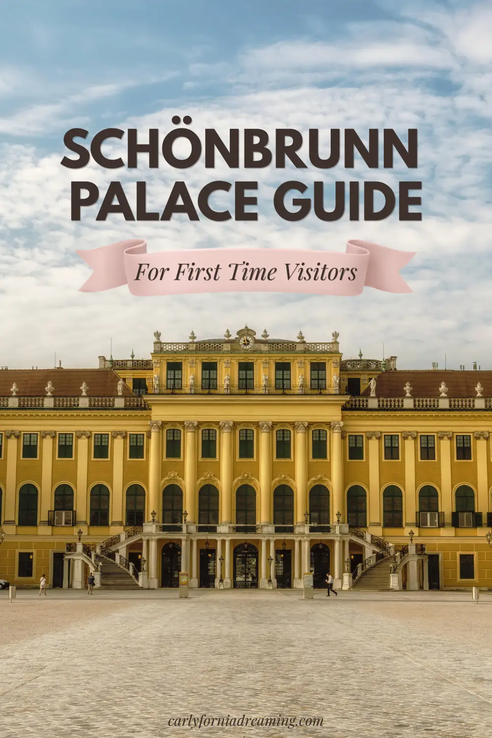 Schönbrunn Palace in Vienna Austria with bold “Schönbrunn Palace Guide for First Time Visitors” text overlay against a blue sky and symmetrical courtyard entrance view.