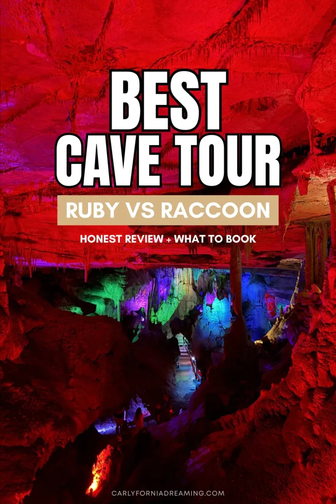 Pinterest pin comparing Ruby Falls and Raccoon Mountain Caverns with the text "Best Cave Tour: Ruby vs Raccoon" over colorful cave formations in Chattanooga, Tennessee.