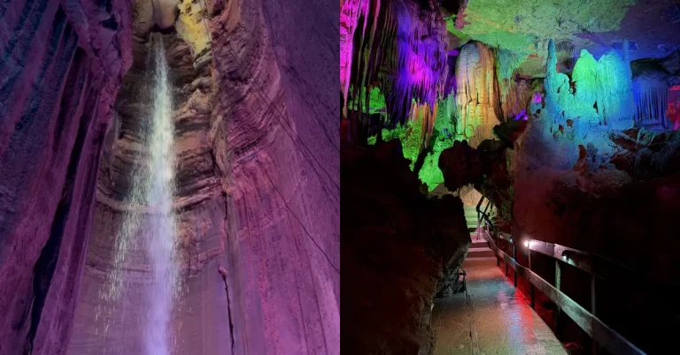 Side-by-side collage showing the underground waterfall at Ruby Falls and colorful cave formations inside Raccoon Mountain Caverns in Chattanooga, Tennessee.