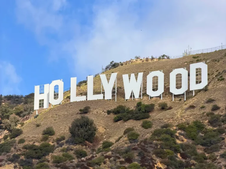 Close-up view of the Hollywood Sign on the Hollywood Sign hike in Los Angeles.