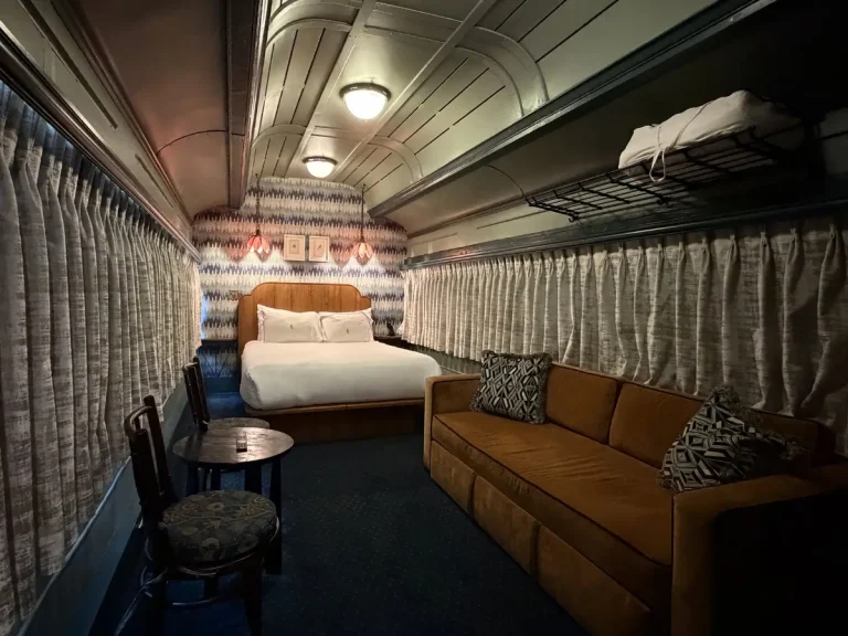 Interior of the Sleeper Deluxe train car room at the Hotel Chalet Chattanooga Tennessee.