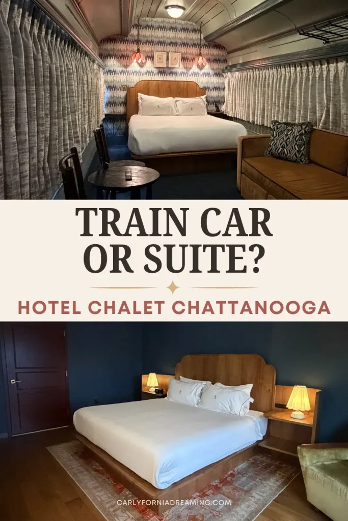 Comparison of Hotel Chalet Chattanooga room types featuring the Sleeper Deluxe train car room and the Chalet Suite to help travelers decide which room to book.