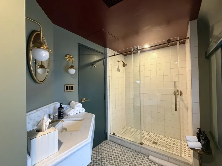 Bathroom inside the Sleeper Deluxe train car room at the Hotel Chalet Chattanooga Tennessee.