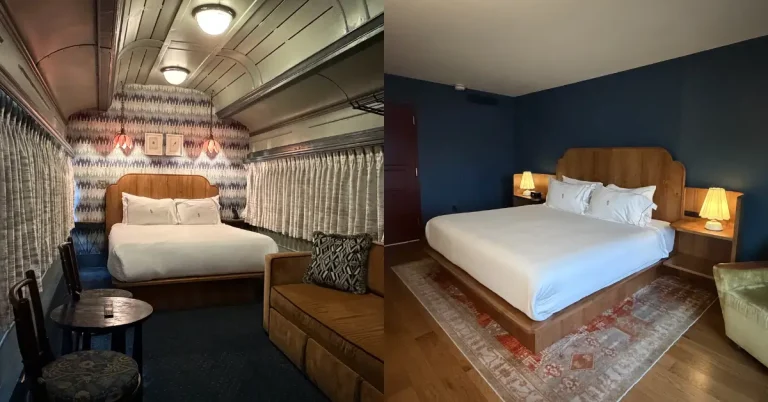 Side-by-side comparison of the Sleeper Deluxe train car room and Chalet Suite at Hotel Chalet Chattanooga in Chattanooga, Tennessee.