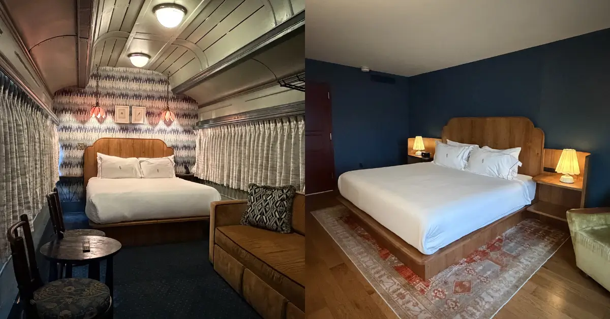 Side-by-side comparison of the Sleeper Deluxe train car room and Chalet Suite at Hotel Chalet Chattanooga in Chattanooga, Tennessee.