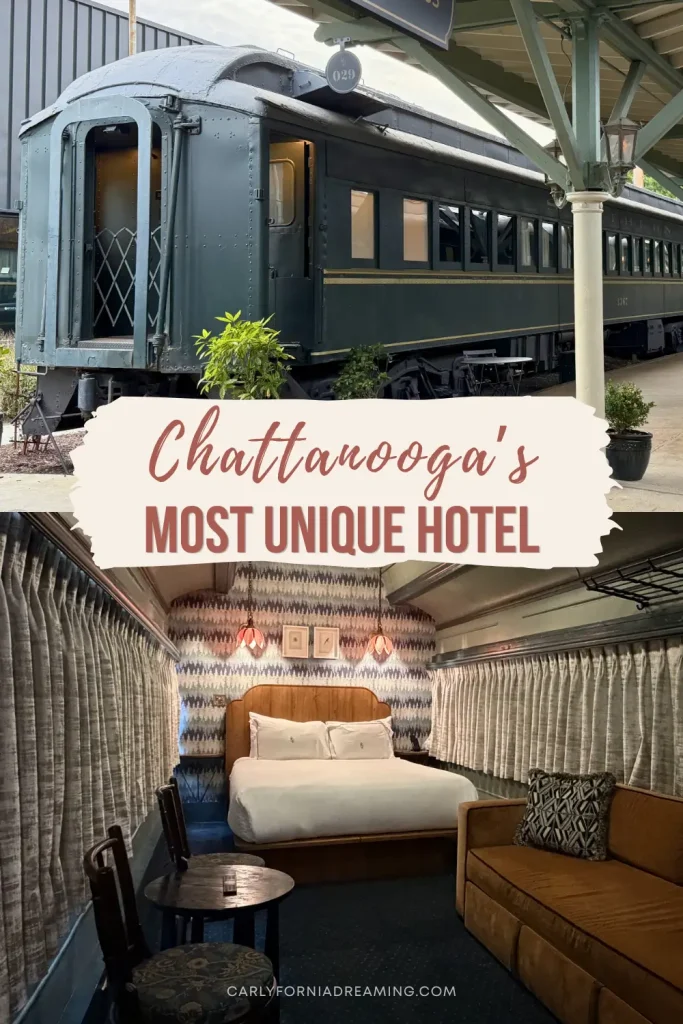 Restored Victorian train car and train car guest room at Hotel Chalet Chattanooga, a unique boutique hotel built around historic railway cars in downtown Chattanooga.
