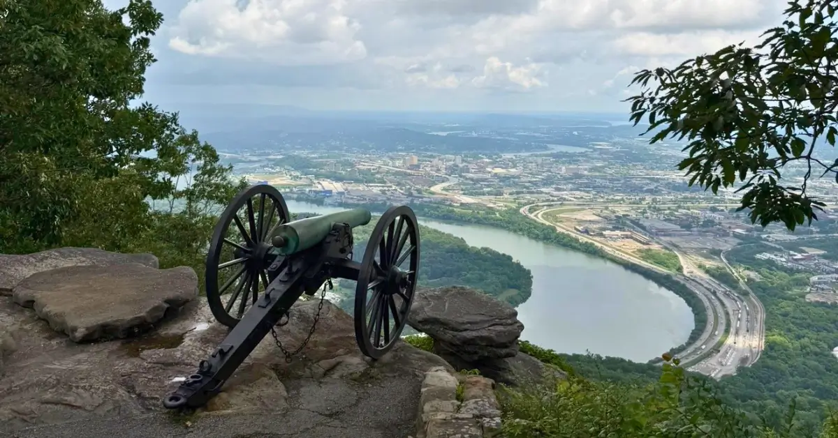 Civil War cannon overlooking Chattanooga from Point Park Battlefield on Lookout Mountain Tennessee.