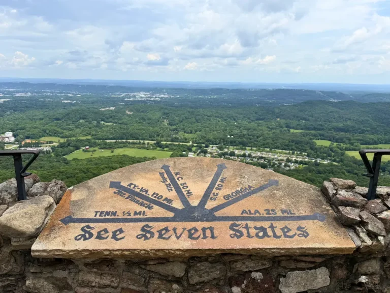 Seven States Viewpoint overlook at Rock City Gardens on Lookout Mountain, where visitors can see multiple southeastern states on a clear day.