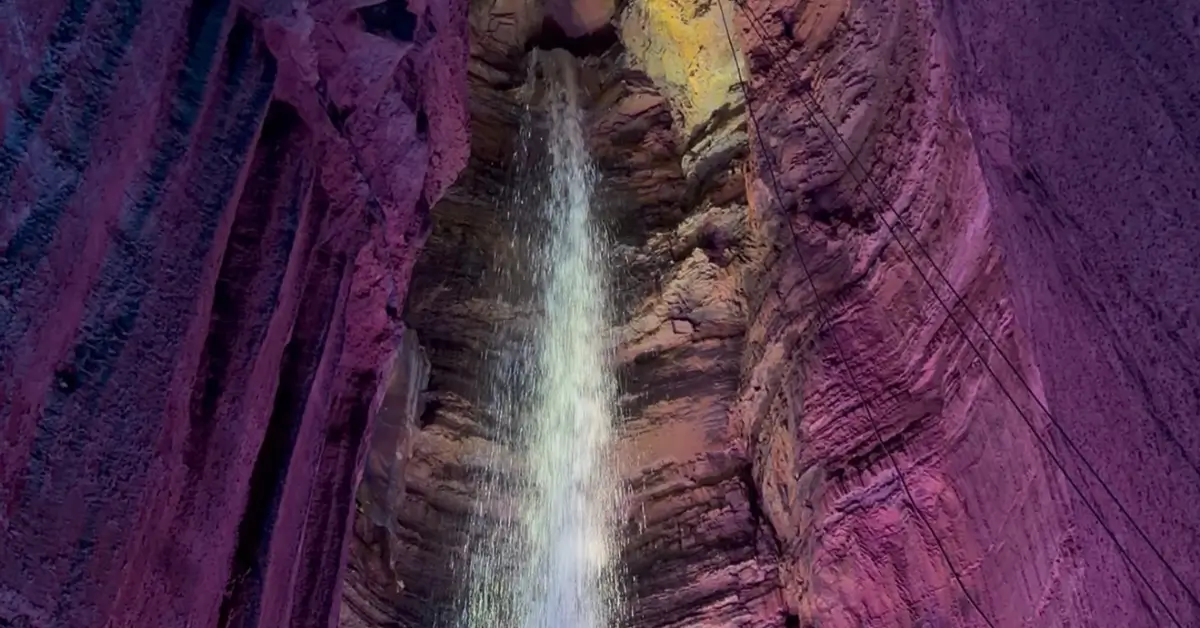 Underground waterfall at Ruby Falls during the Classic Cave Walk tour in Chattanooga, Tennessee.