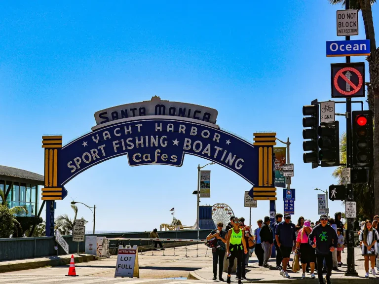 Entrance sign to the Santa Monica Pier in Los Angeles.