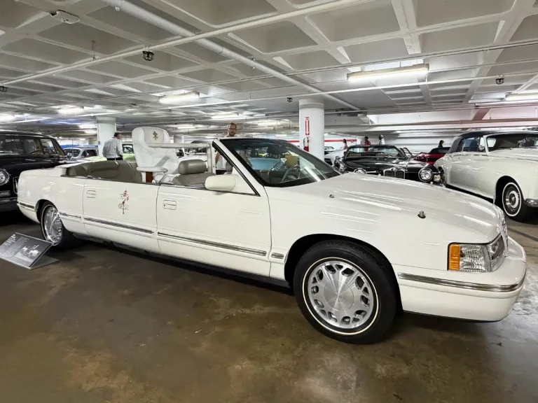 1998 Cadillac Popemobile displayed inside the Petersen Automotive Museum Vault in Los Angeles.