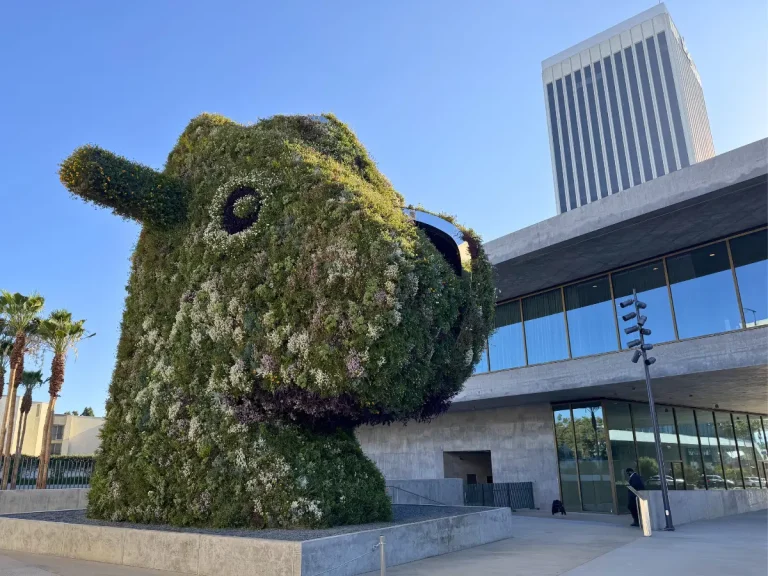 Jeff Koons' Split-Rocker sculpture outside the David Geffen Galleries at LACMA