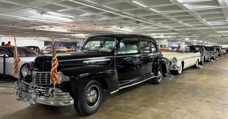 The Sunshine Special and rows of classic cars inside the Petersen Automotive Museum Vault in Los Angeles.