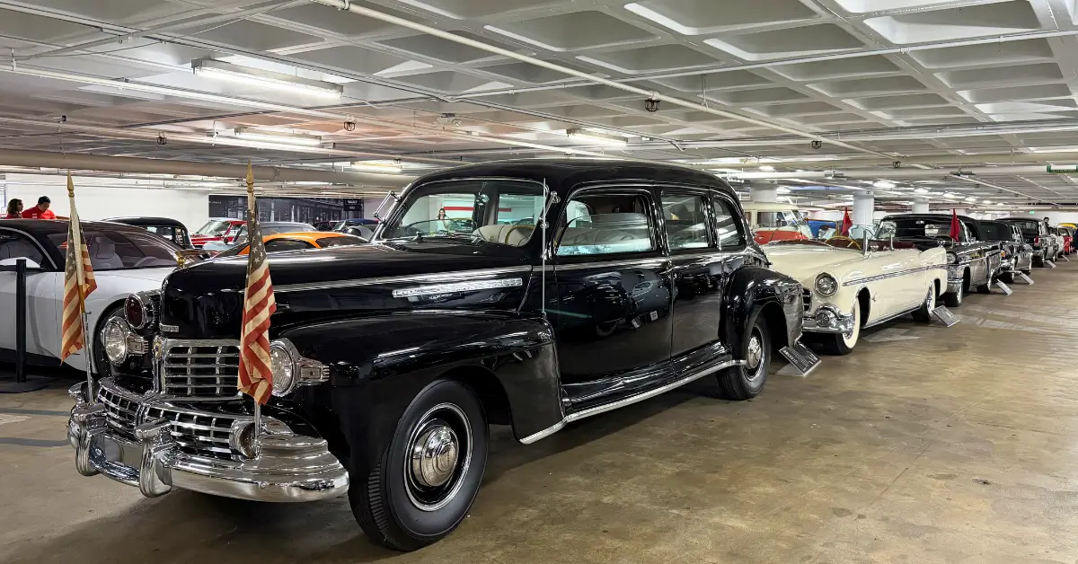 The Sunshine Special and rows of classic cars inside the Petersen Automotive Museum Vault in Los Angeles.