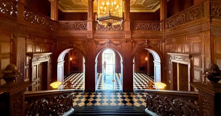 View from the top of the Grand Staircase at Greystone Mansion in Beverly Hills