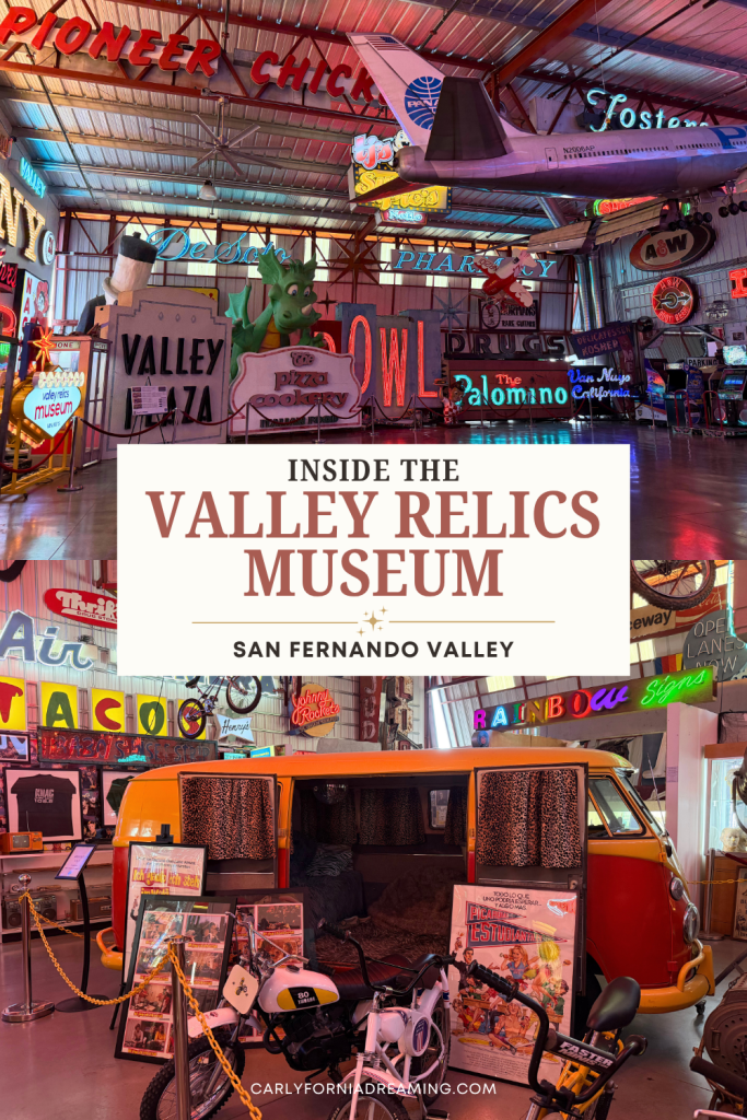 Collage of vintage neon signs and Spicoli’s Volkswagen Microbus inside the Valley Relics Museum in the San Fernando Valley.