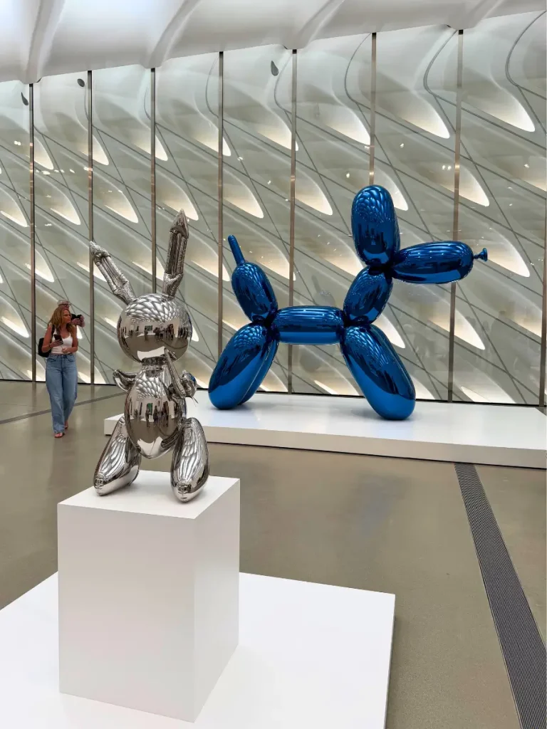Jeff Koons' "Bunny" and blue "Balloon Dog" at The Broad Museum.