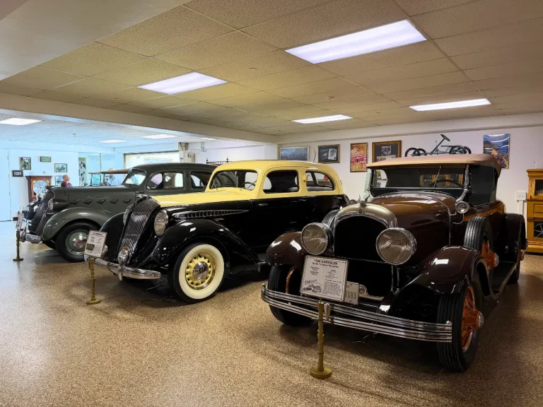 Classic automobiles displayed in the Lower Salon of the Nethercutt Collection.