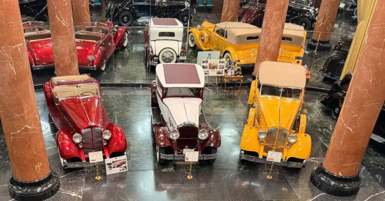 Classic cars displayed in the Grand Salon at the Nethercutt Museum in Sylmar, California.