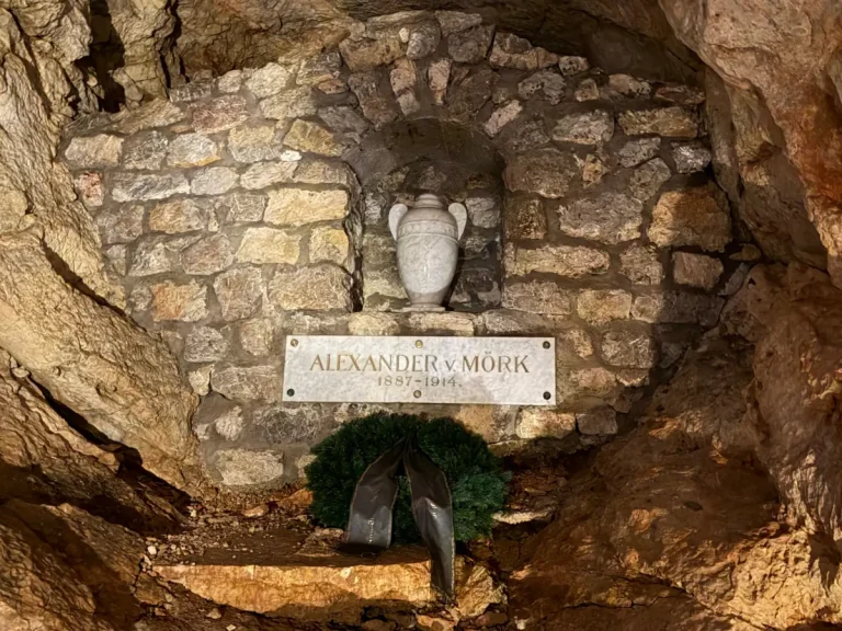 Memorial urn of Alexander Mörk von Mörkenstein set into a stone alcove inside Eisriesenwelt Ice Cave in Werfen, Austria.