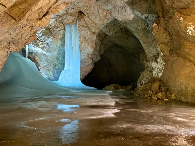 Blue ice formations inside Eispalast (Ice Palace) at Eisriesenwelt Ice Cave in Werfen, Austria.