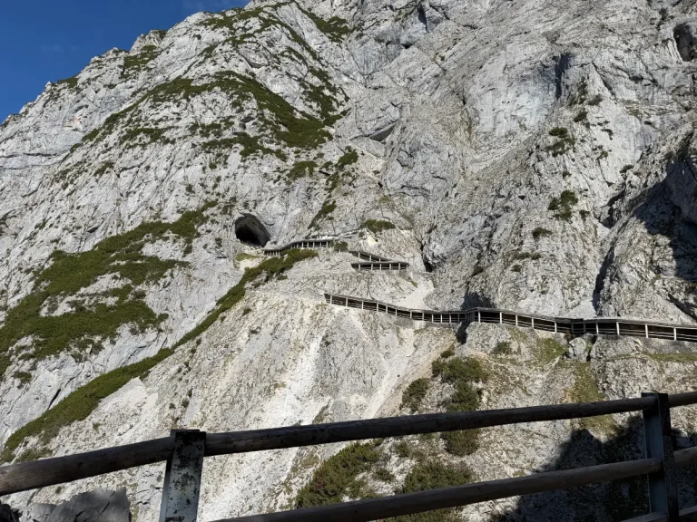 Rocky mountain path with switchbacks leading to the Eisriesenwelt Ice Cave entrance in Werfen, Austria.