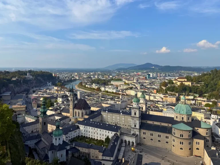 Panoramic view of Salzburg's Old Town, Salzburg Cathedral and the Salzach River from Hohensalzburg Fortress.