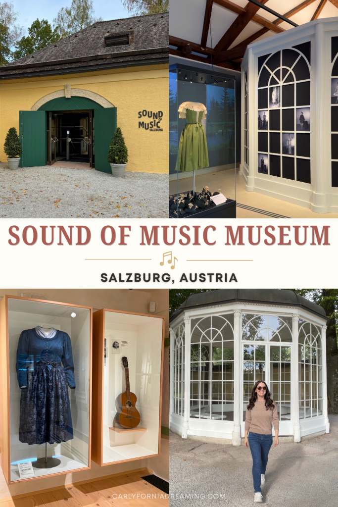 Pinterest pin featuring four photos of the Sound of Music Museum in Salzburg, Austria, including the museum entrance, historical costumes, exhibits and an outdoor pavilion.